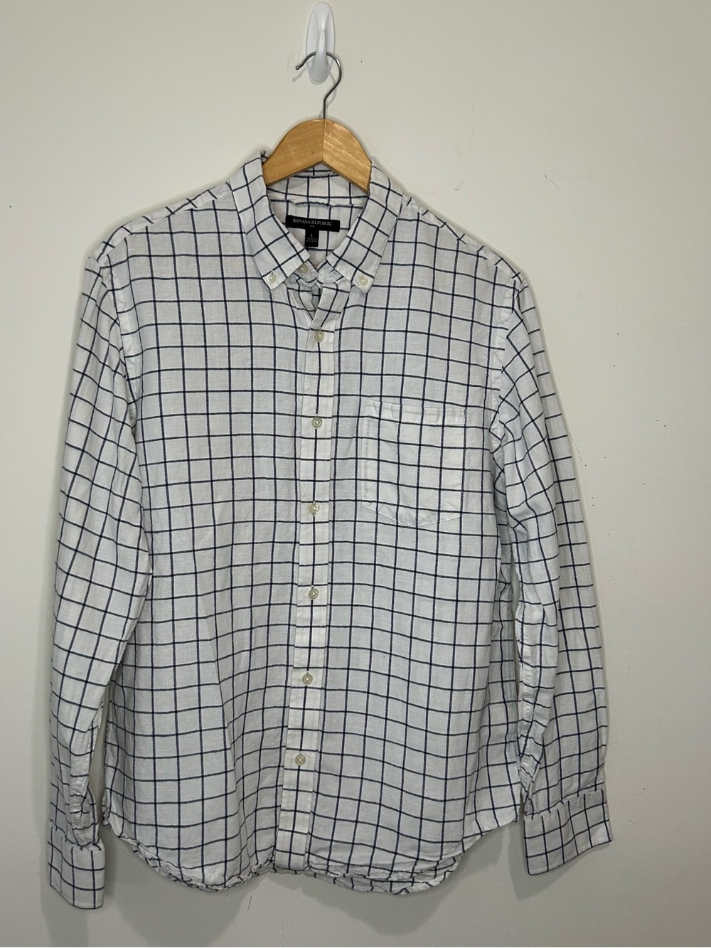 Banana Republic White Blue Windowpane Check Cotton Shirt Men's Large